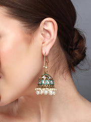 Gold plated kundan & Meenakari Jhumka Earring Green