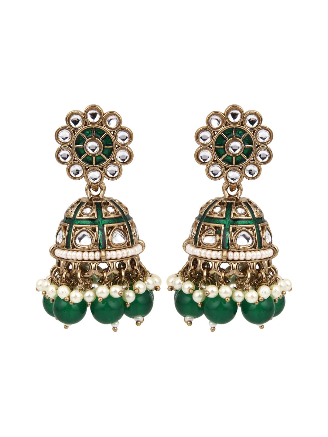Gold plated kundan & Meenakari Jhumka Earring Green