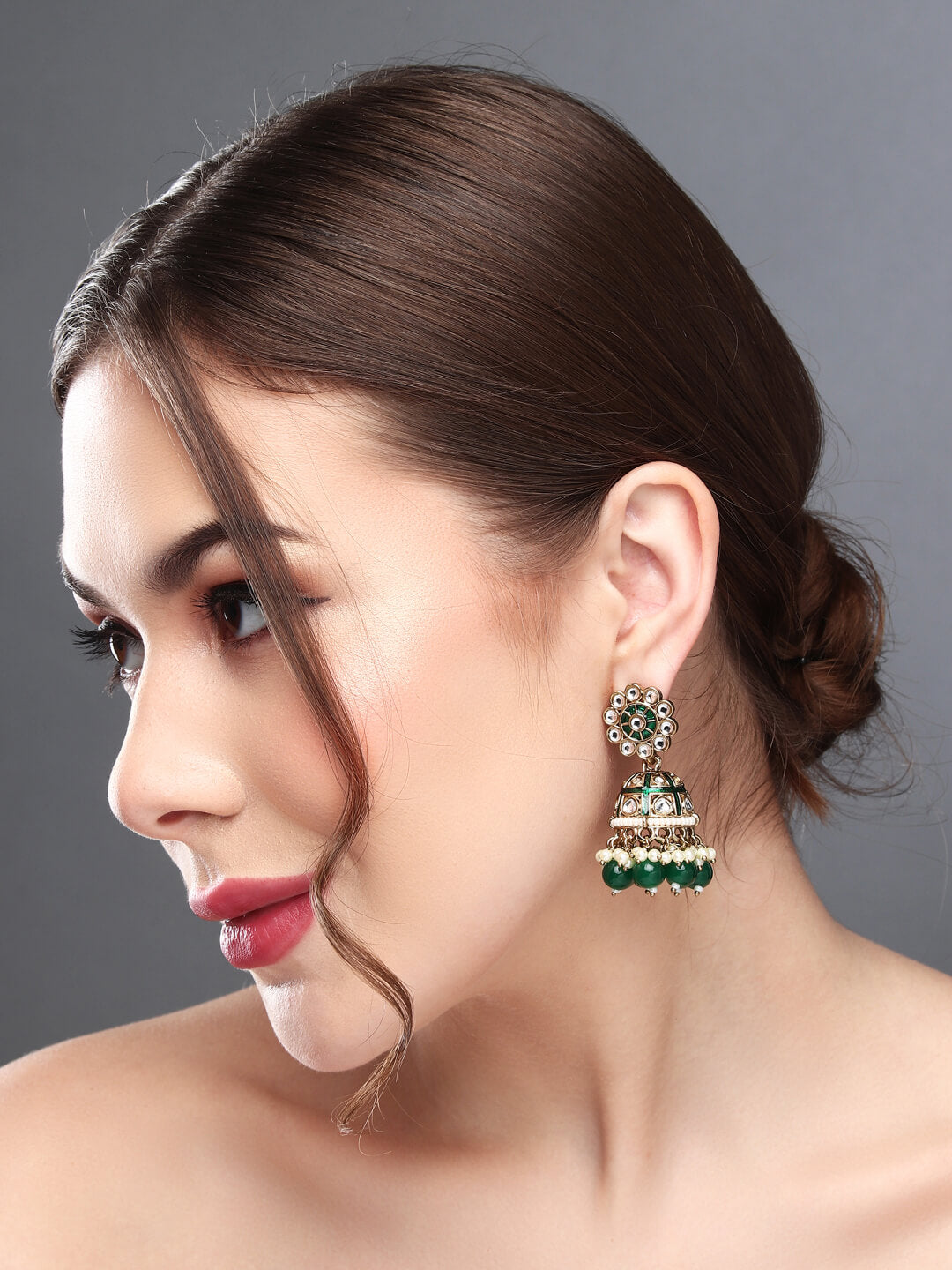 Gold plated kundan & Meenakari Jhumka Earring Green