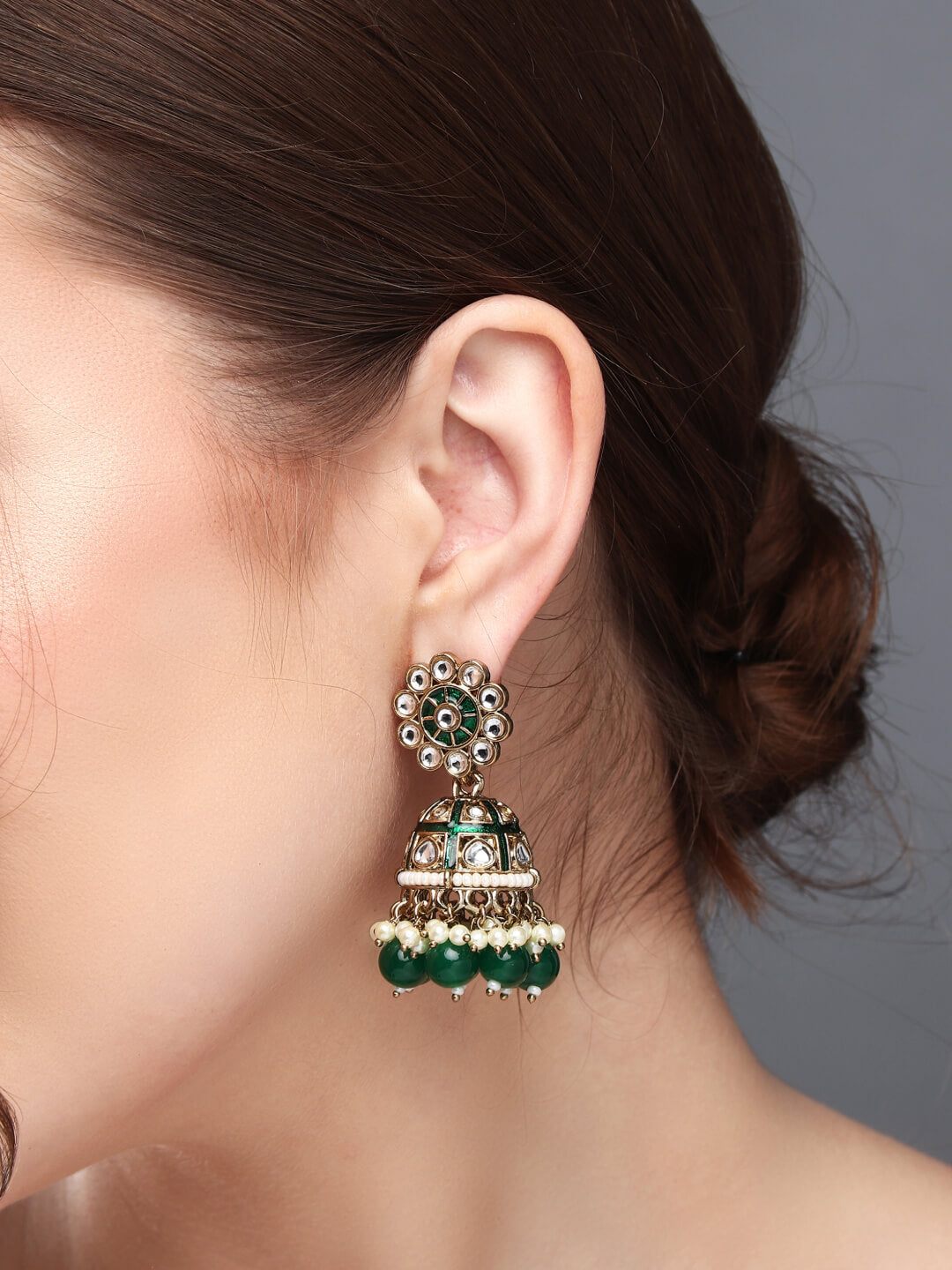 Gold plated kundan & Meenakari Jhumka Earring Green