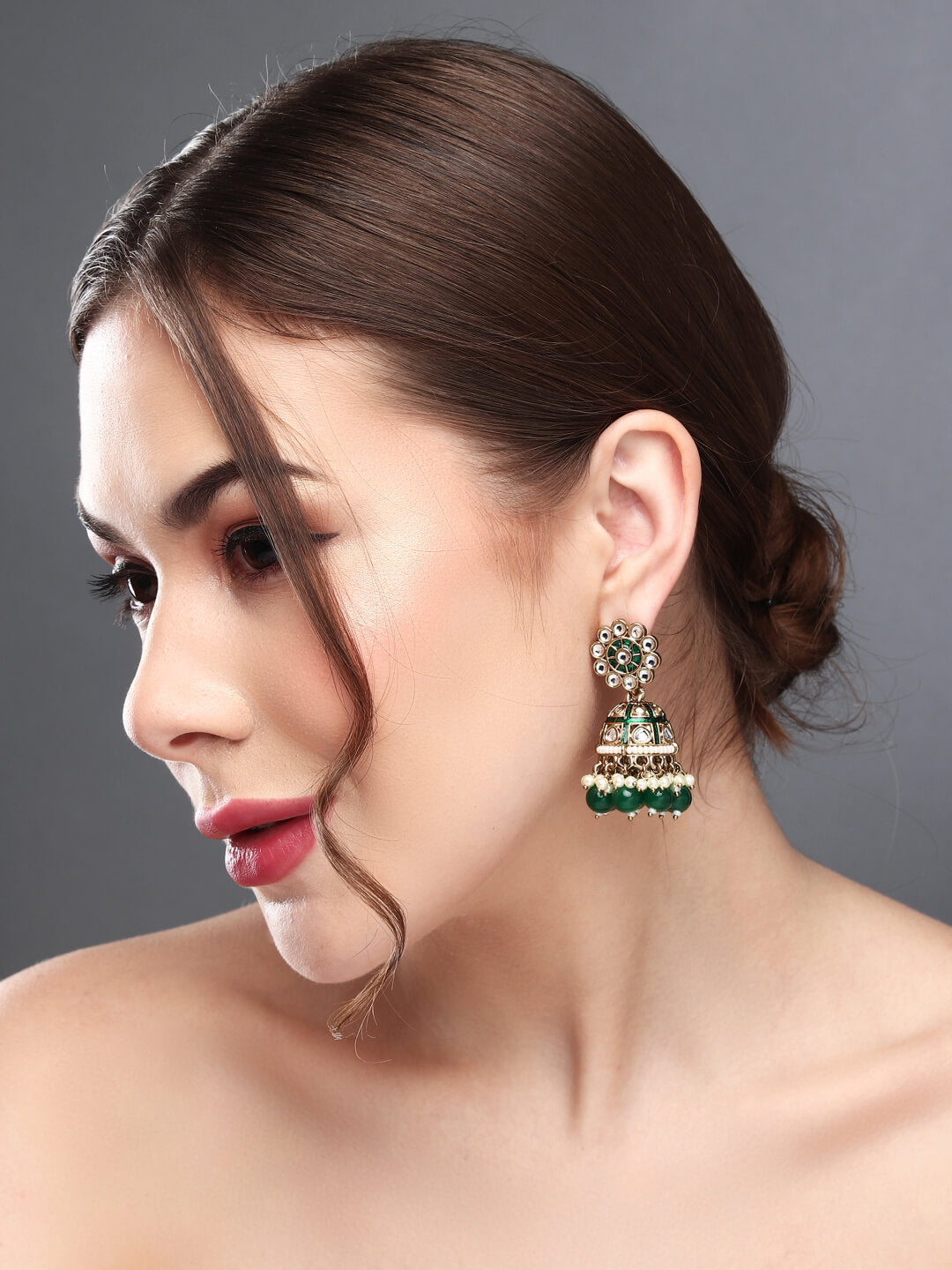 Gold plated kundan & Meenakari Jhumka Earring Green