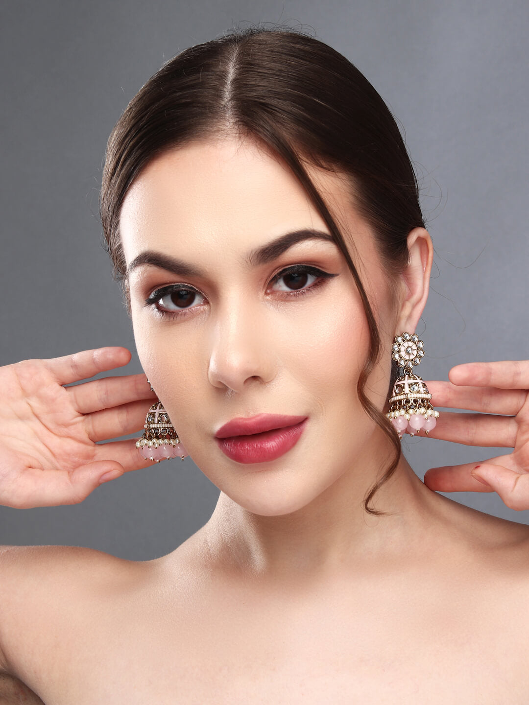 Gold plated kundan & Light Pink Meenakari Jhumka Earring