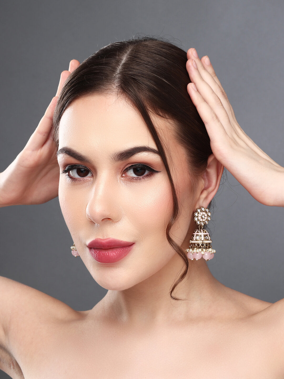 Gold plated kundan & Light Pink Meenakari Jhumka Earring