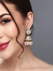 Gold plated kundan & Light Pink Meenakari Jhumka Earring