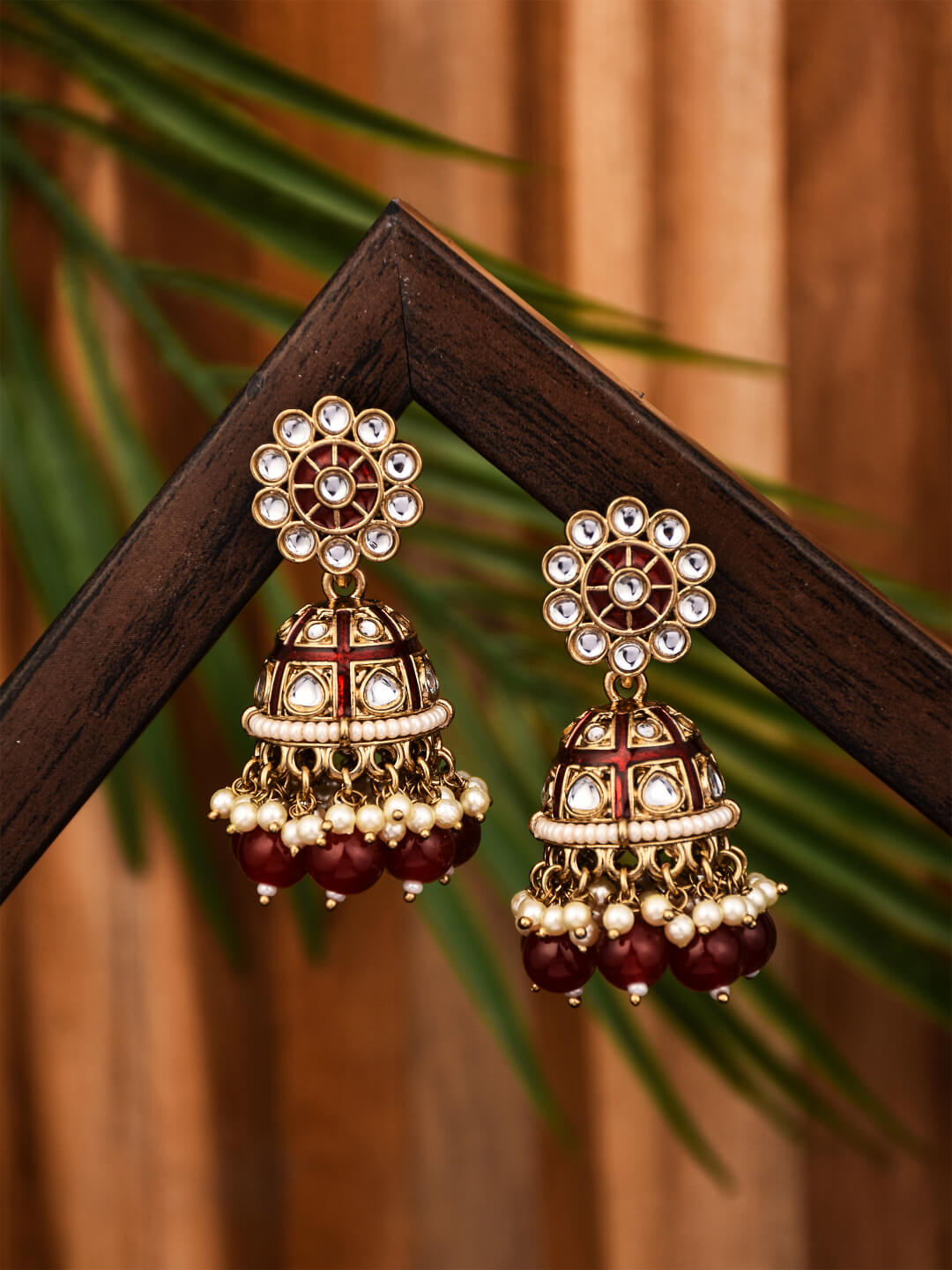 Gold plated kundan & Red Meenakari Jhumka Earring