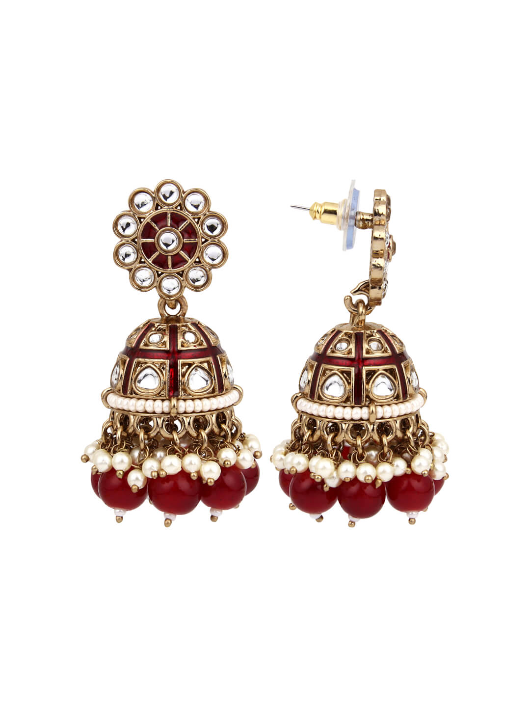 Gold plated kundan & Red Meenakari Jhumka Earring
