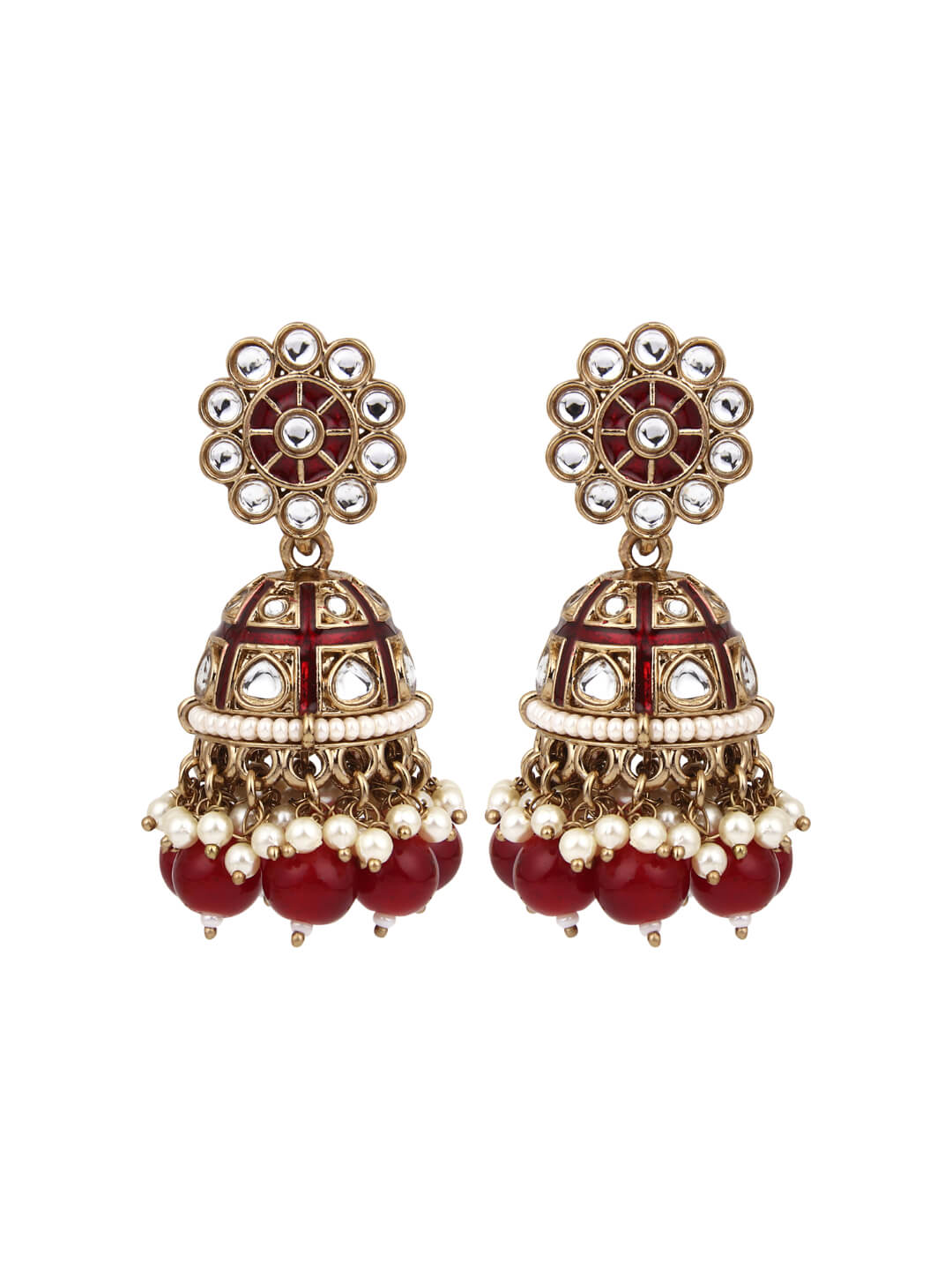 Gold plated kundan & Red Meenakari Jhumka Earring