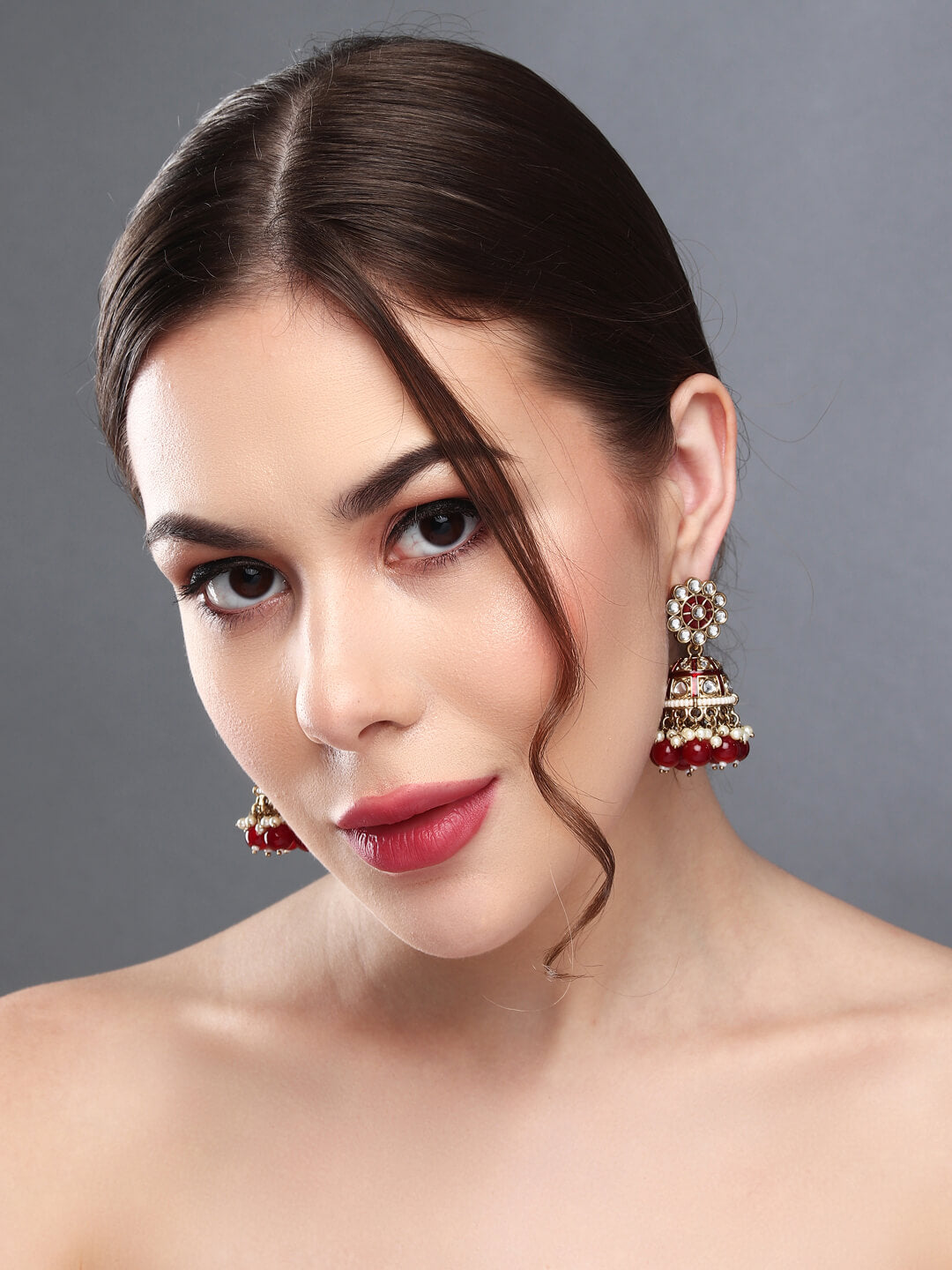 Gold plated kundan & Red Meenakari Jhumka Earring