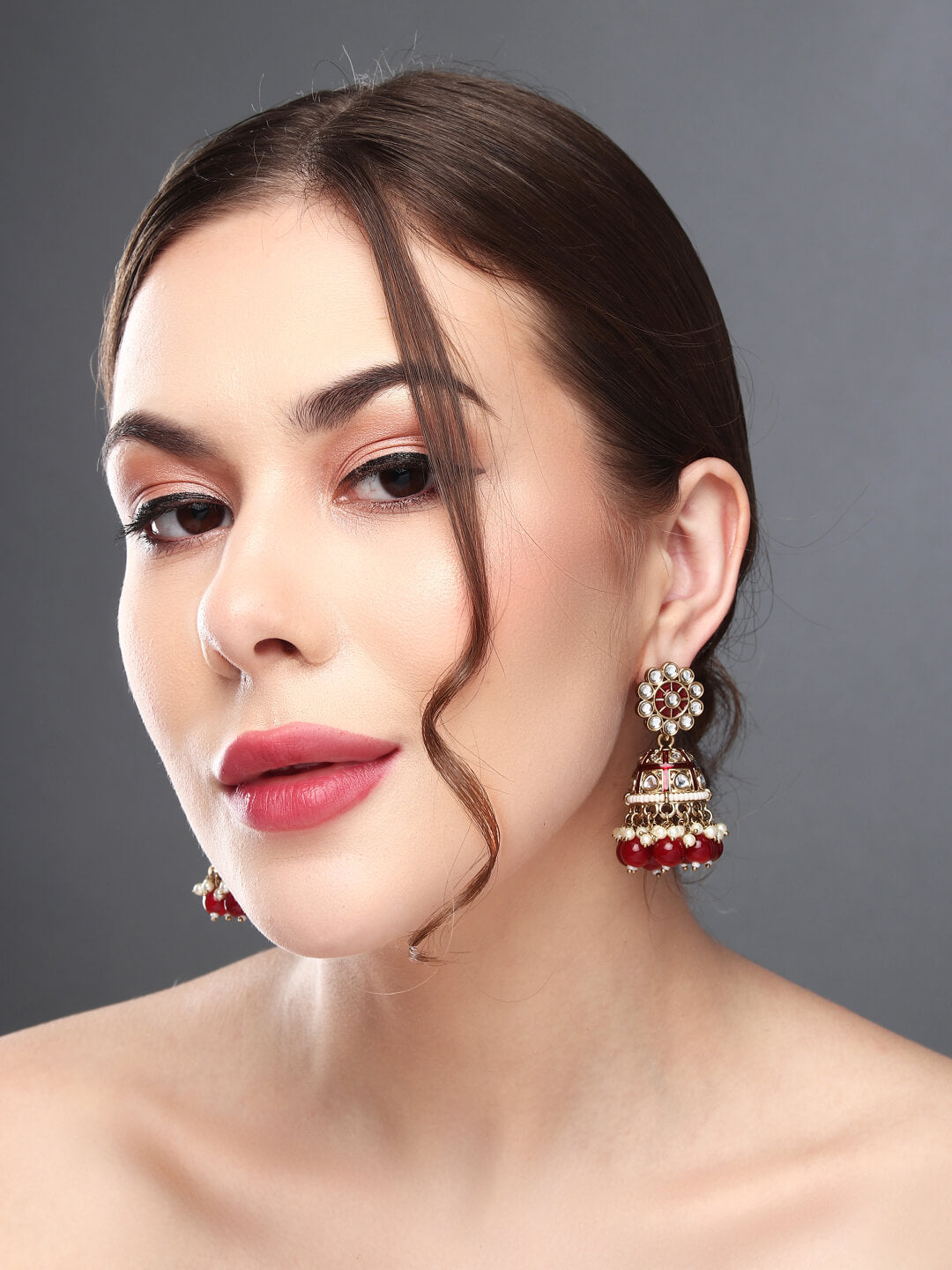 Gold plated kundan & Red Meenakari Jhumka Earring