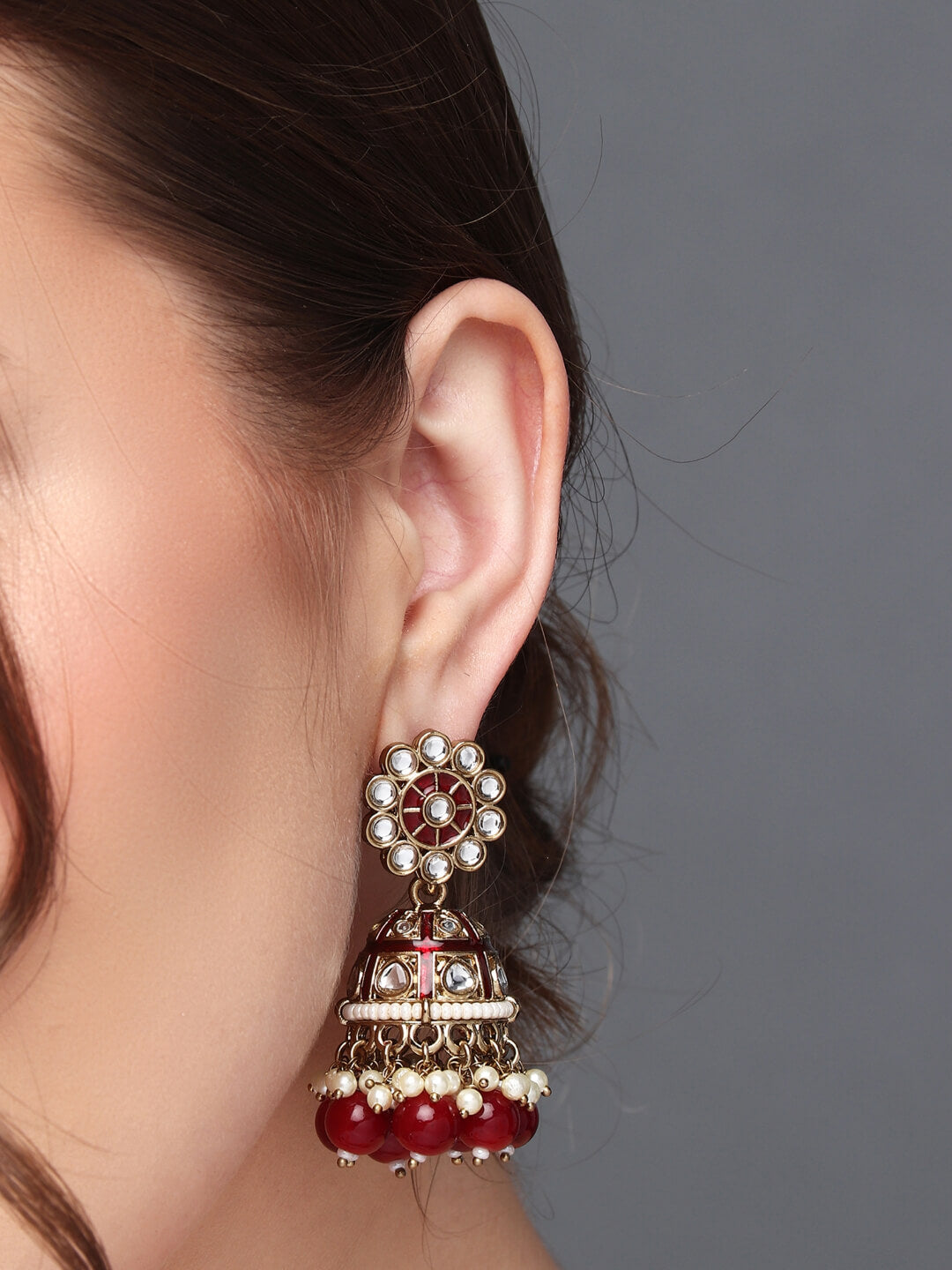 Gold plated kundan & Red Meenakari Jhumka Earring