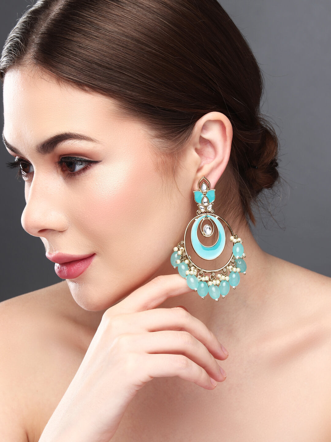Gold plated kundan & Meenakari Chandbali Earring Blue