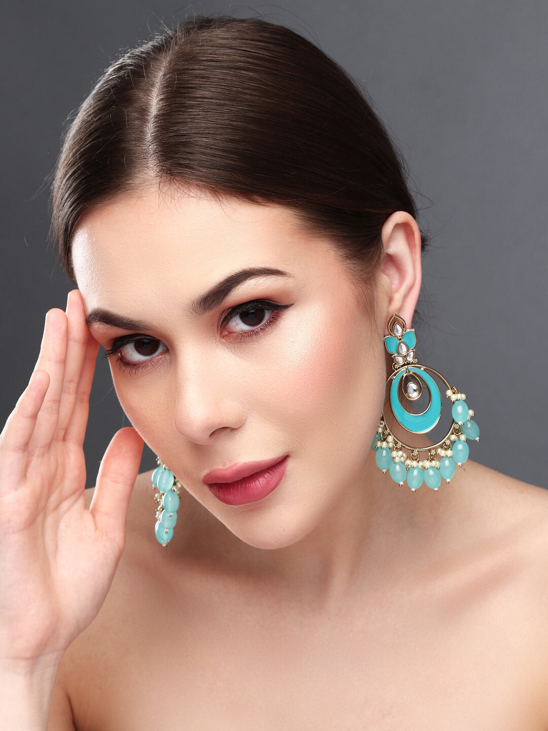 Gold plated kundan & Meenakari Chandbali Earring Blue