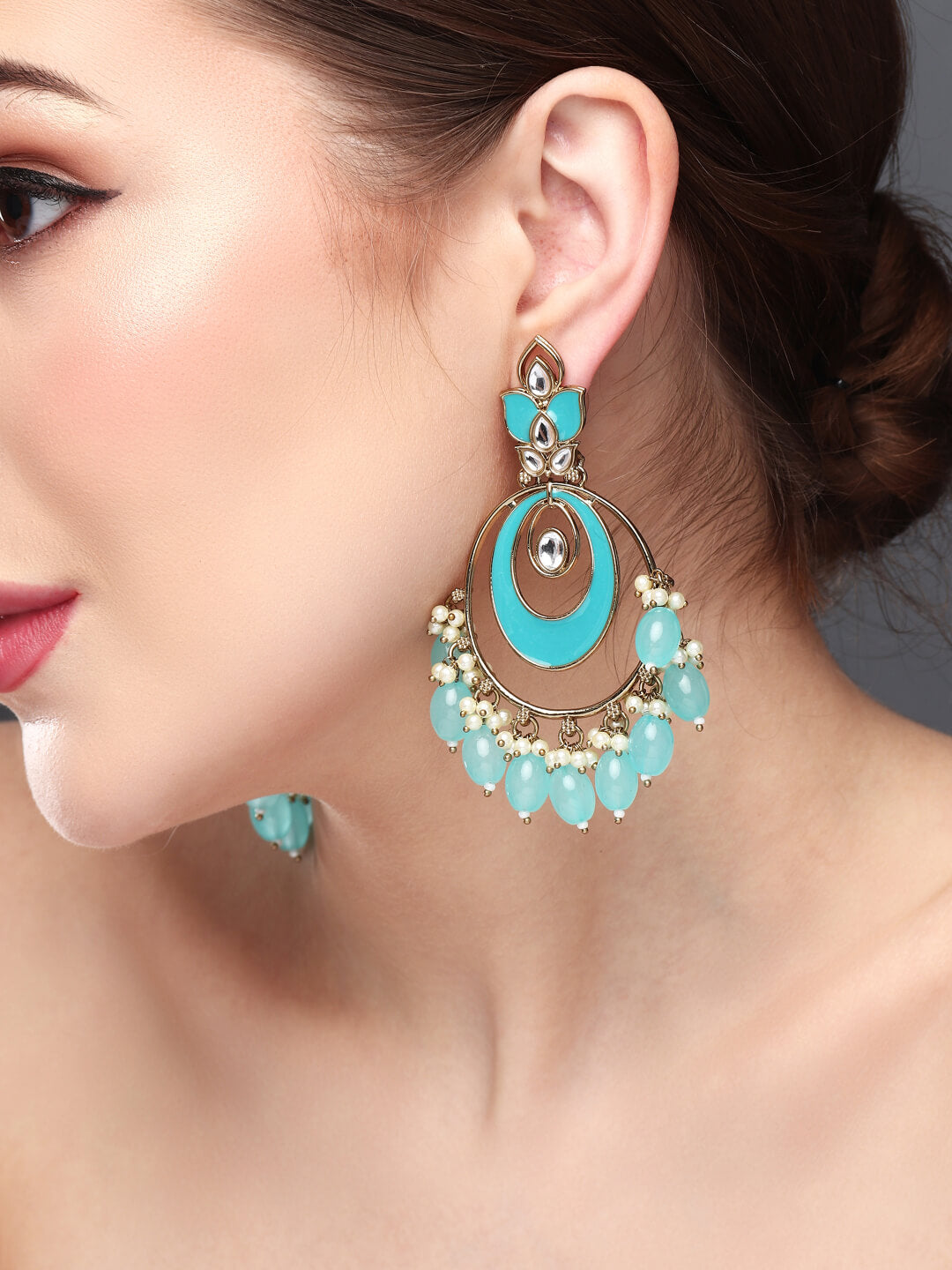 Gold plated kundan & Meenakari Chandbali Earring Blue