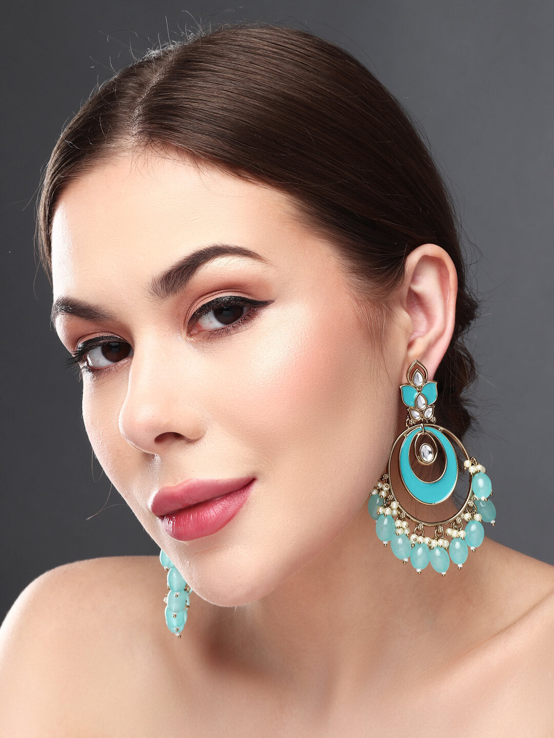 Gold plated kundan & Meenakari Chandbali Earring Blue