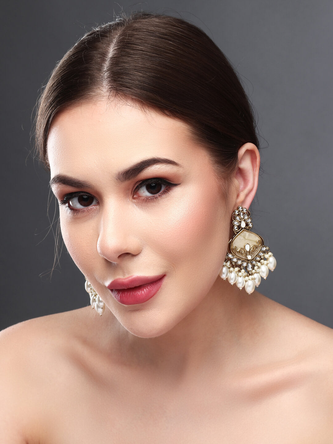 Gold plated kundan & Meenakari Chandbali Earring White