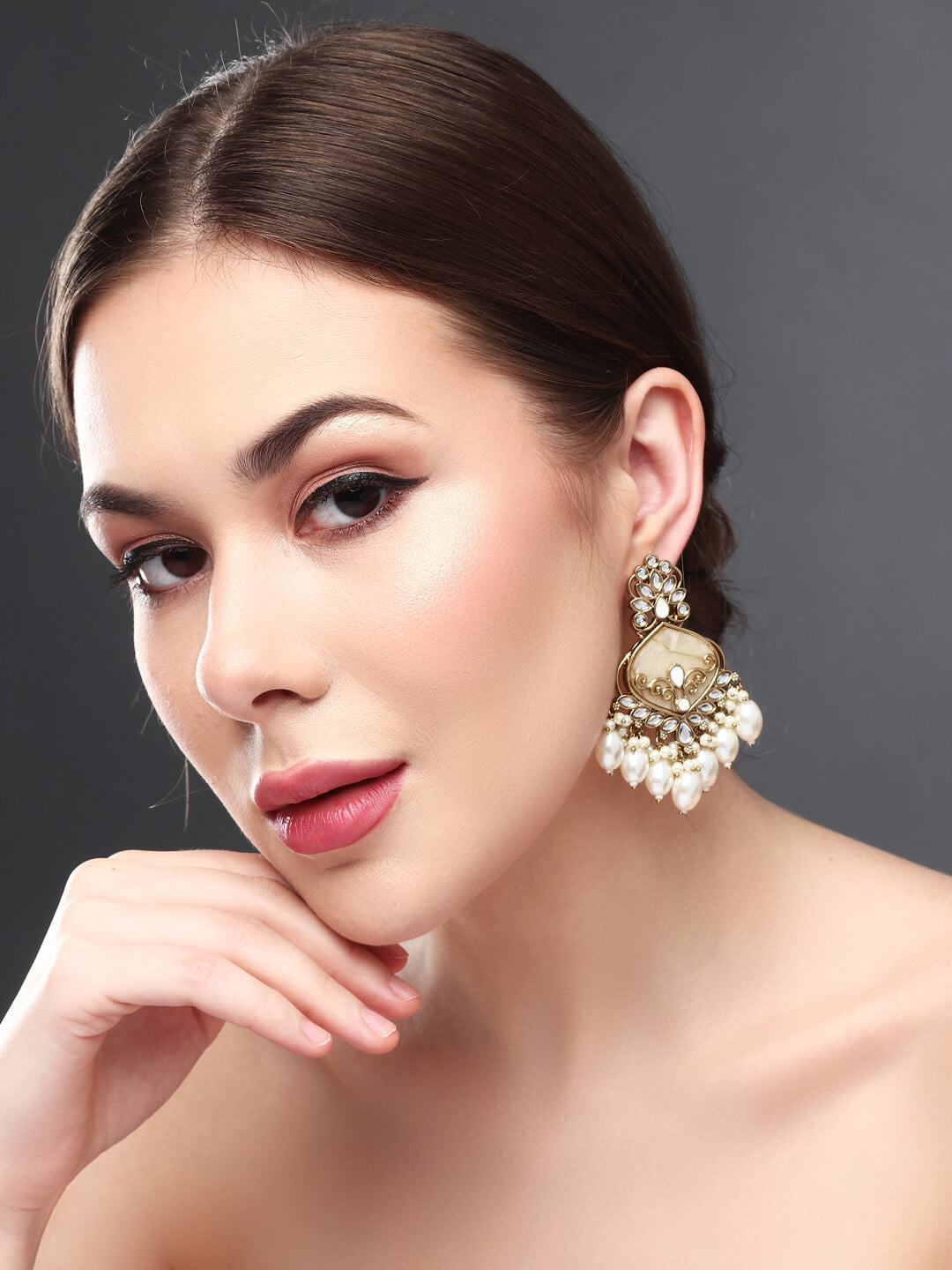 Gold plated kundan & Meenakari Chandbali Earring White