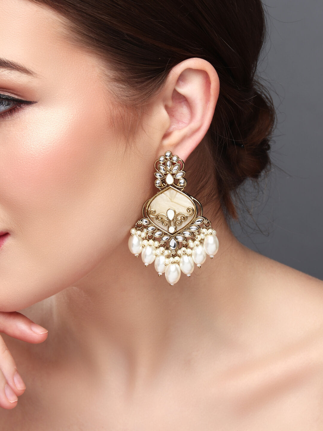Gold plated kundan & Meenakari Chandbali Earring White