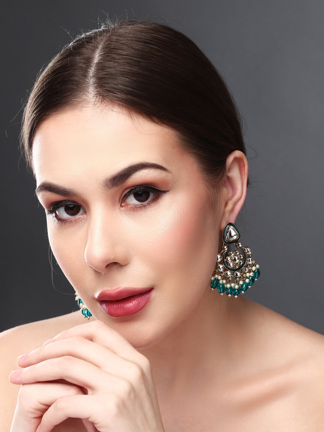 Gold plated kundan & Meenakari Chandbali Earring Green