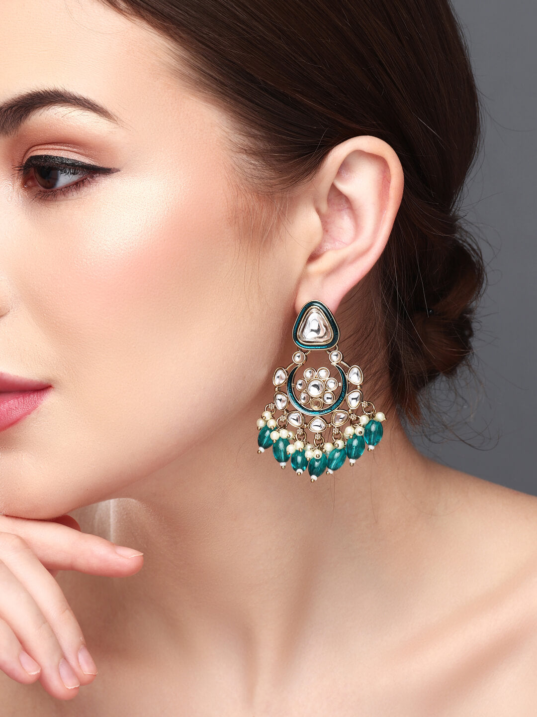 Gold plated kundan & Meenakari Chandbali Earring Green