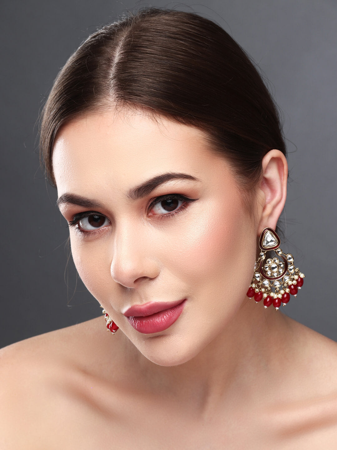 Gold plated kundan & Meenakari Chandbali Earring red