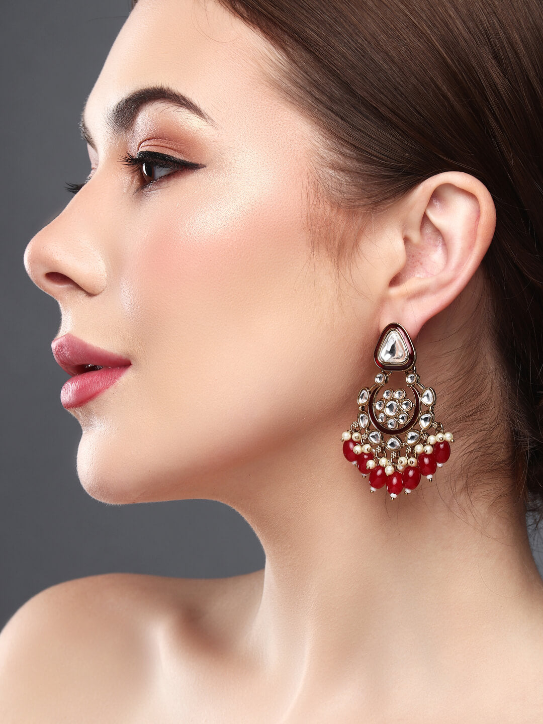 Gold plated kundan & Meenakari Chandbali Earring red