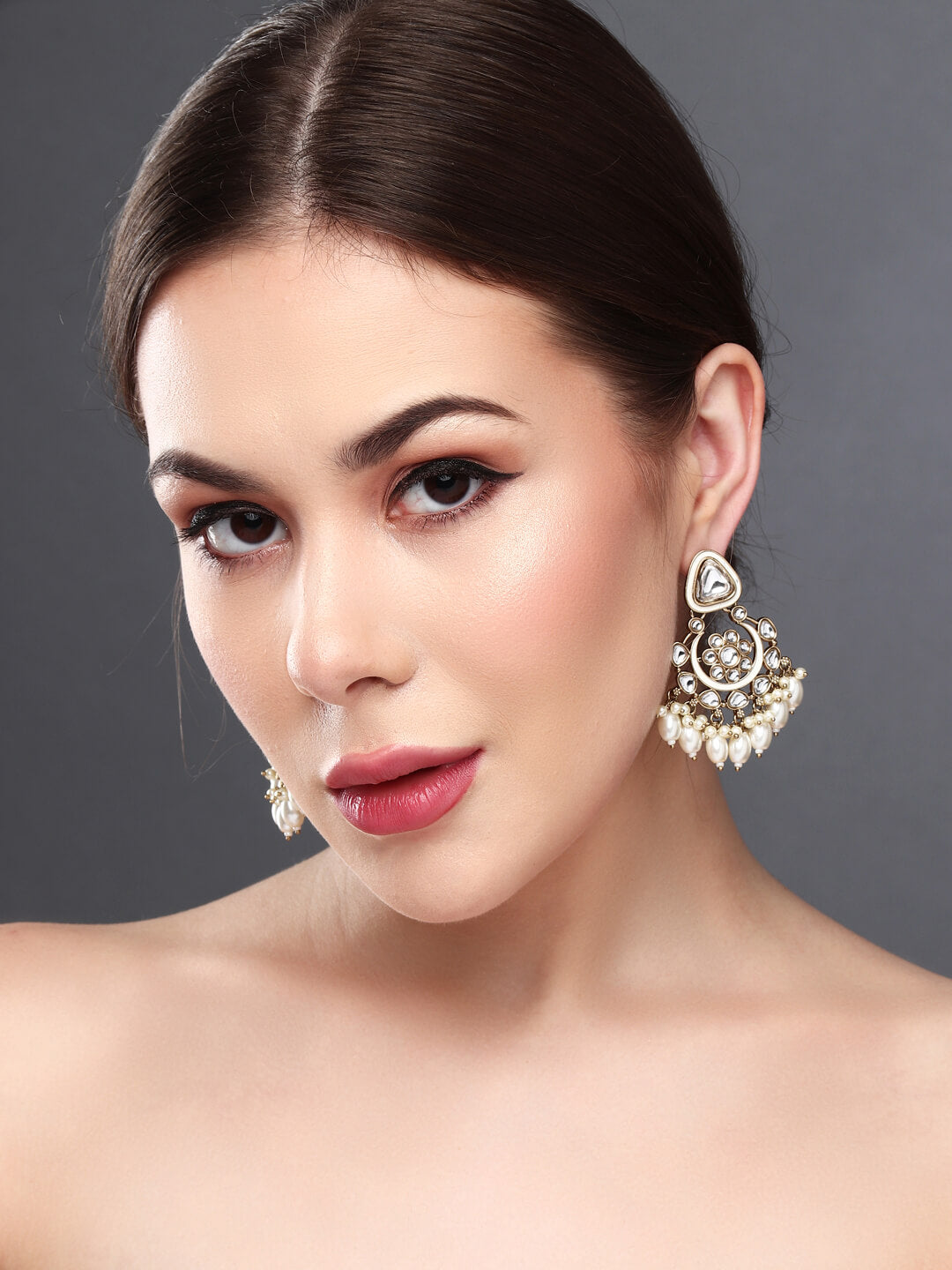 Gold plated kundan & Meenakari Chandbali Earring White