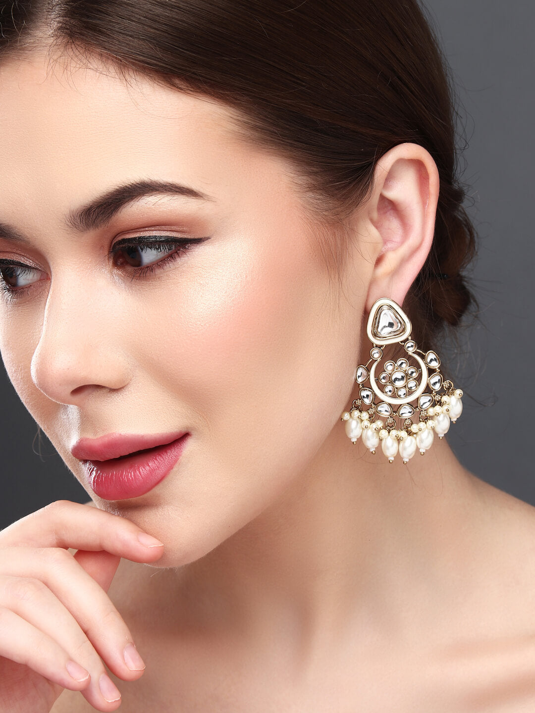 Gold plated kundan & Meenakari Chandbali Earring White