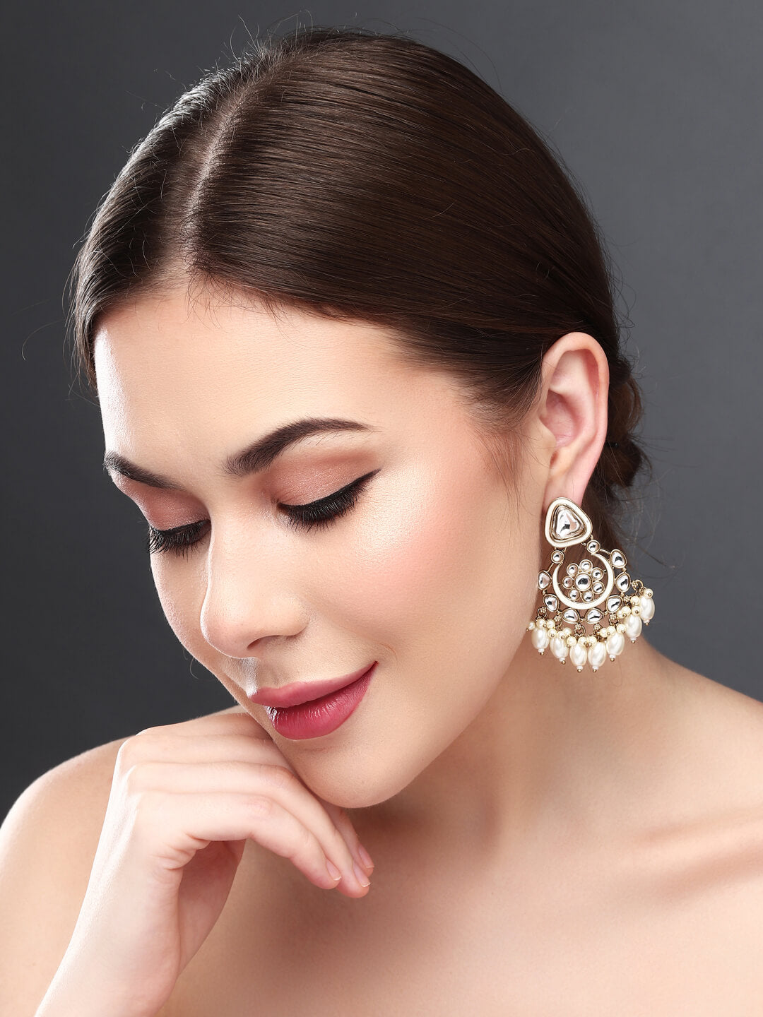 Gold plated kundan & Meenakari Chandbali Earring White