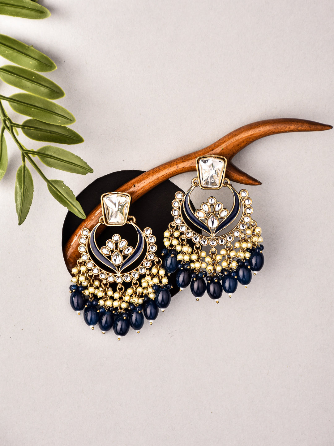 Gold plated kundan & Meenakari Chandbali Earring in Blue