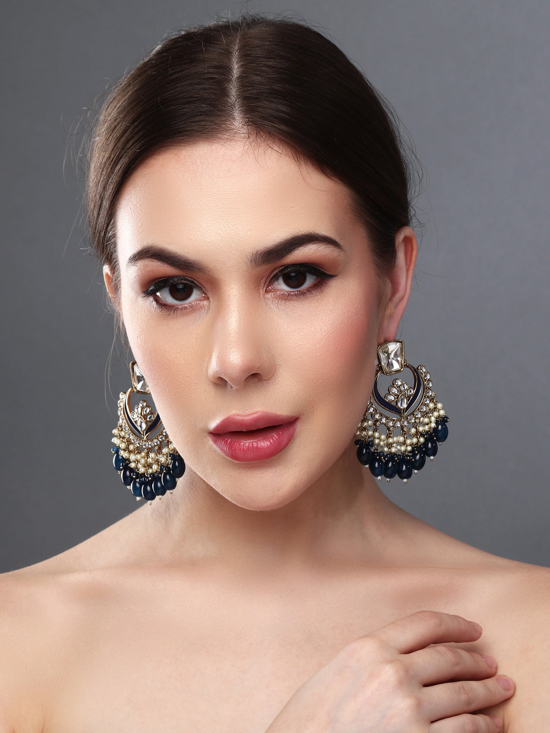 Gold plated kundan & Meenakari Chandbali Earring in Blue