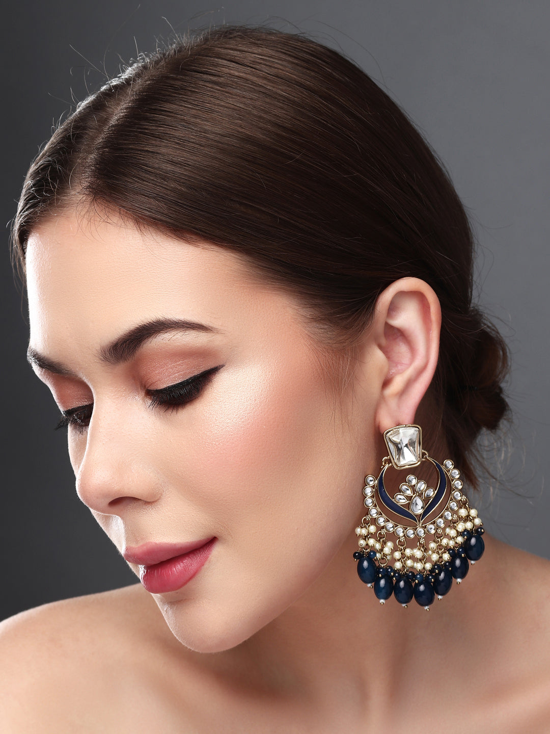 Gold plated kundan & Meenakari Chandbali Earring in Blue