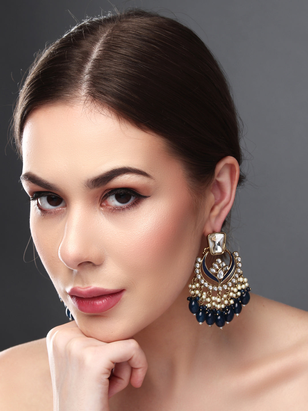 Gold plated kundan & Meenakari Chandbali Earring in Blue