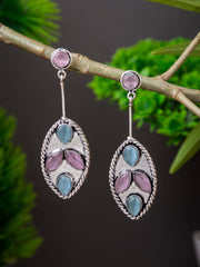 Silver Oxydised finish Leaf shaped Multi color drop earring