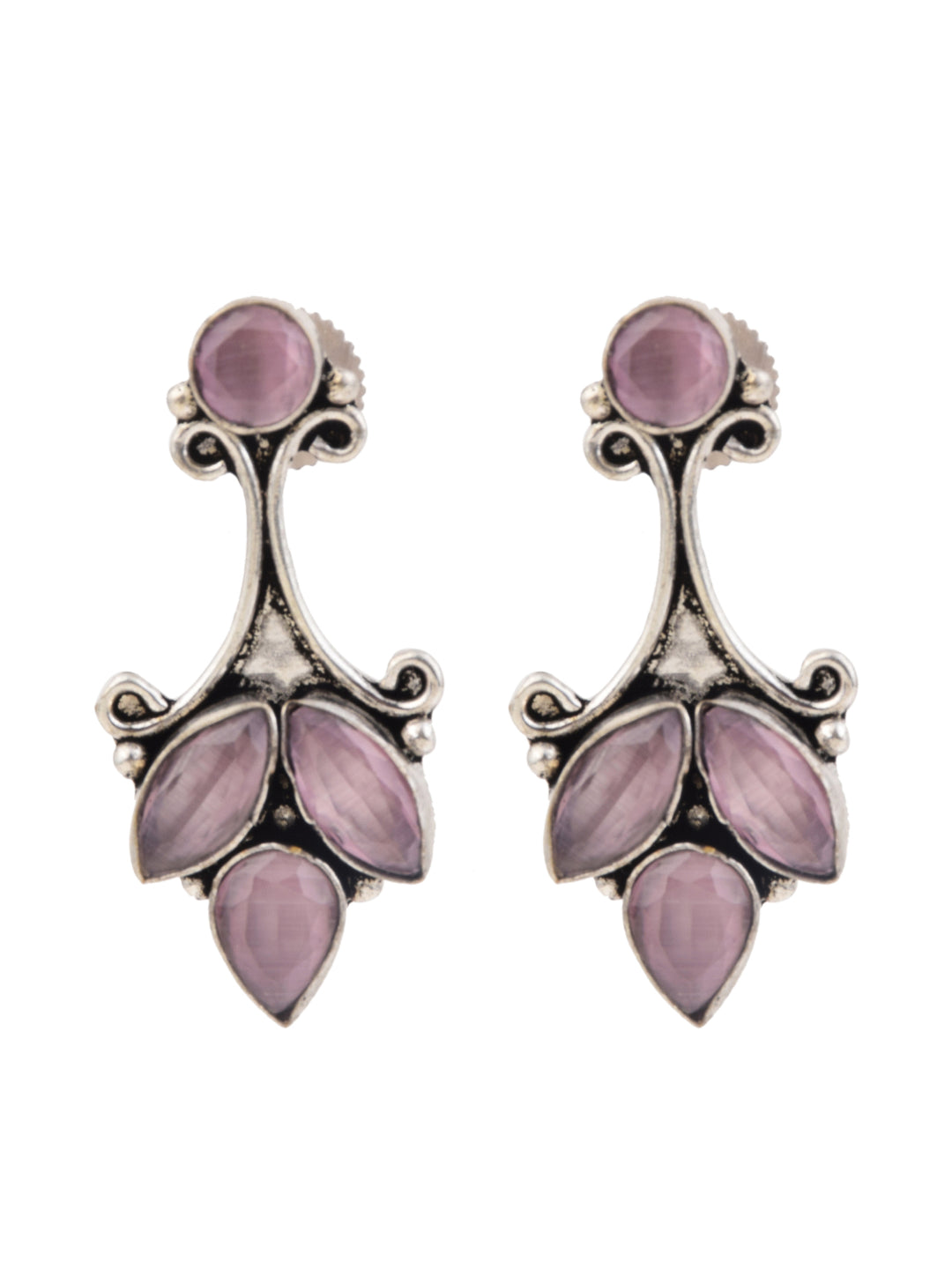 Silver Oxydised finish drop Earring with Pink AD stone