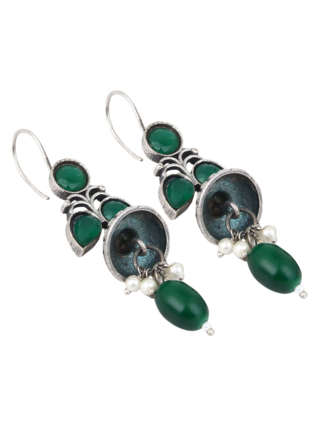Silver Oxidised green drop earrings