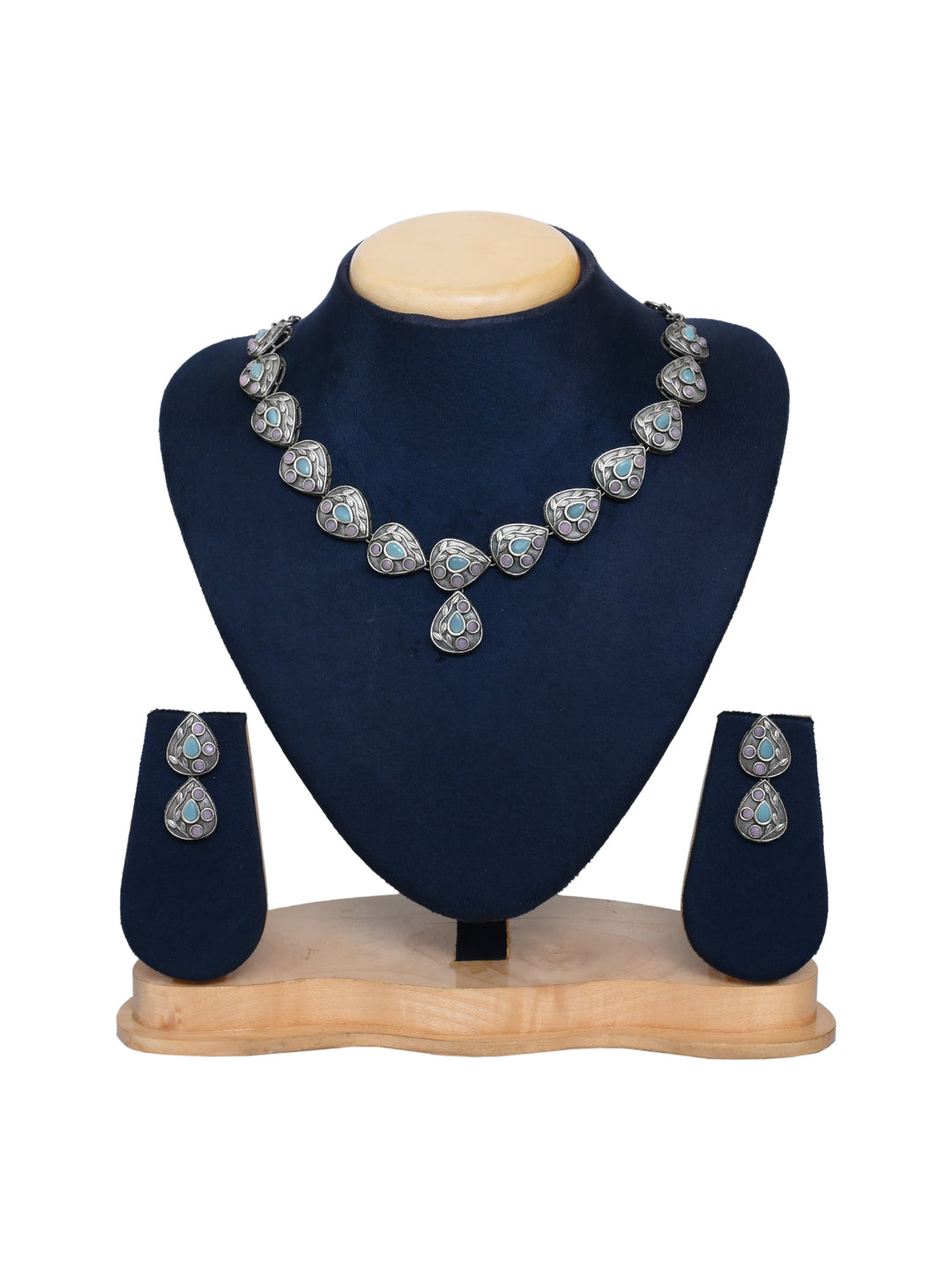 Silver Oxydised Multi Colored stone Jewellery Set