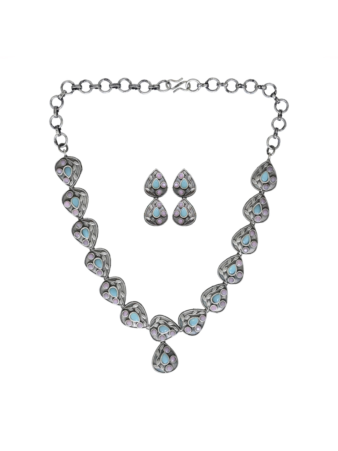 Silver Oxydised Multi Colored stone Jewellery Set