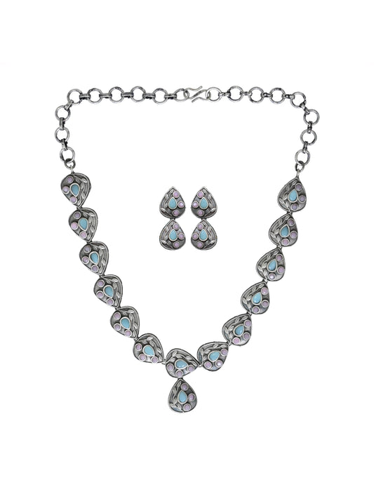 Silver Oxydised Multi Colored stone Jewellery Set