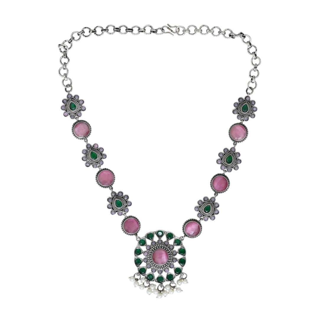 Silver Oxydised finish Necklace with earring