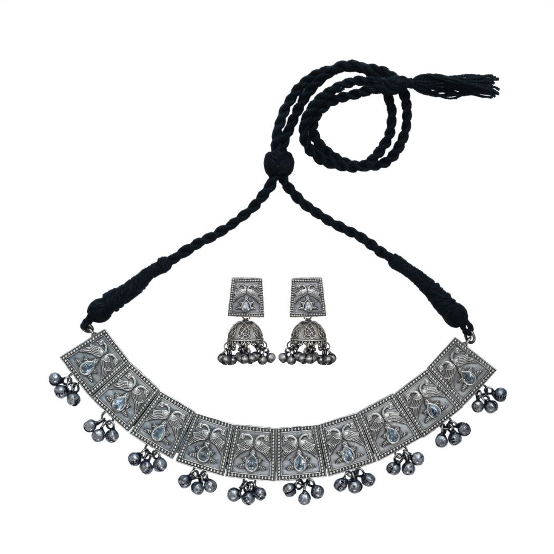 Silver Oxydised finish choker set with engraved design