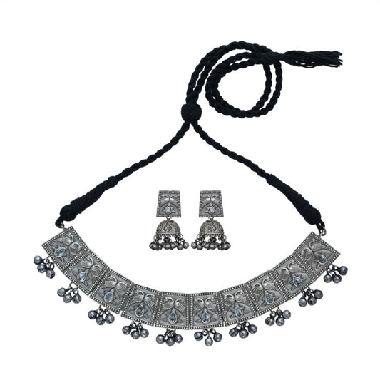 Silver Oxydised finish choker set with engraved design