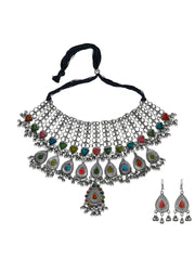 Silver Oxydised Jewellery Set with Meenakari